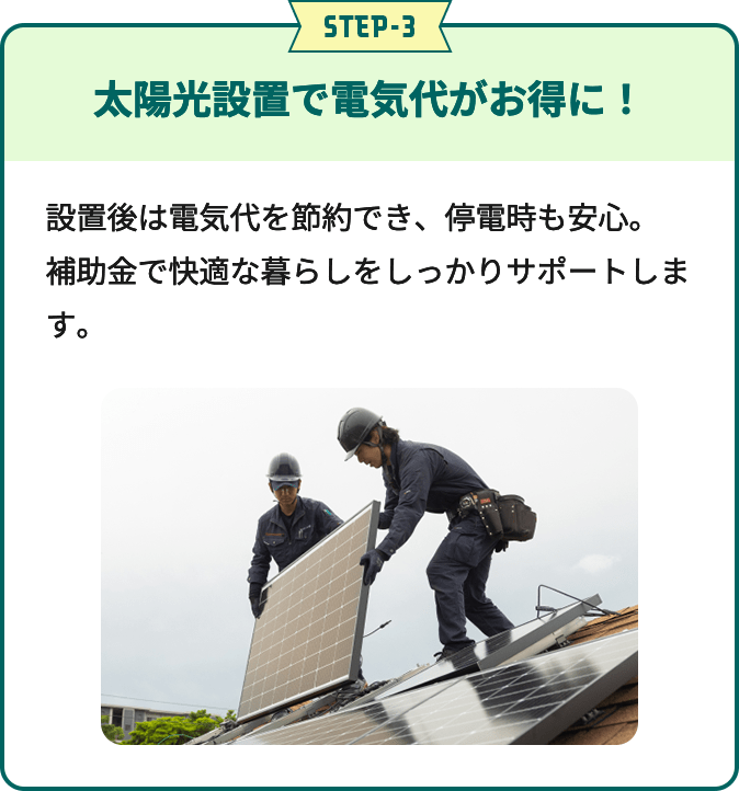 STEP3 太陽光設置で電気代がお得に！
