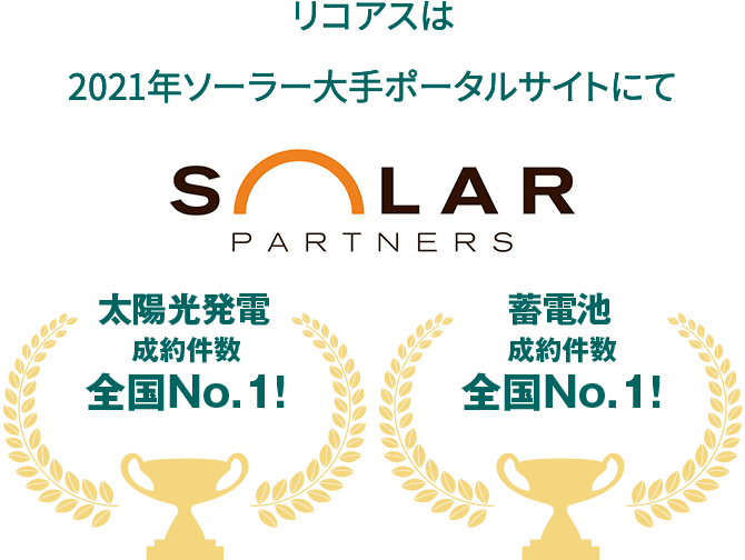 リコアスは2021年ソーラー大手ポータルサイトにて「太陽光発電成約件数 全国No.1!」「蓄電池成約件数 全国No.1!」