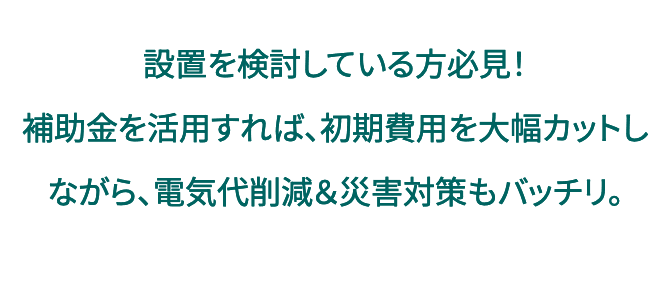 設置を検討している方必見！補助金を活用すれば、初期費用を大幅カットしながら、電気代削減＆災害対策もバッチリ。